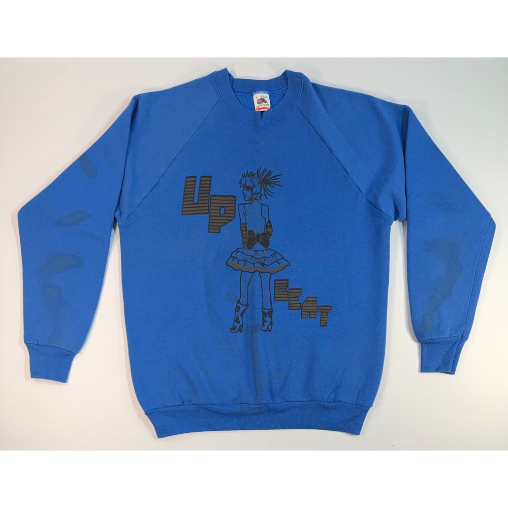 Vintage 80s Fruit of the Loom Up Beat Graphic Sweatshirt Blue Made in USA Large